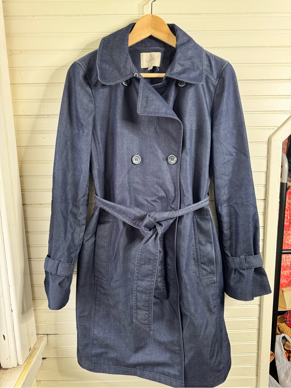 LOFT Navy Denim Double-Breasted Belted Trench Coat
